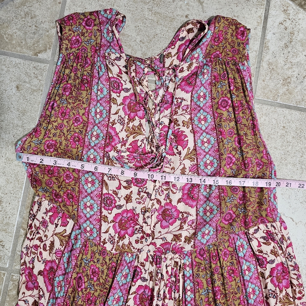 Free People Womens L Maxi Dress Pink Floral Patchwork Lace Up Tiered Boho - Picture 6 of 8